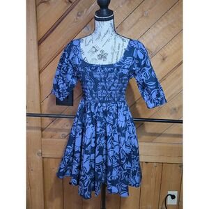 Free People Floral Smocked Mini Dress Blue Puff Sleeve Heart Button OB2070967 XS